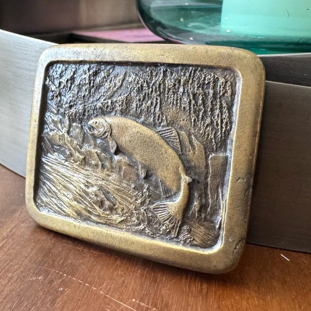 Vintage 1977 Brass Trout Belt Buckle - Picture 2 of 8